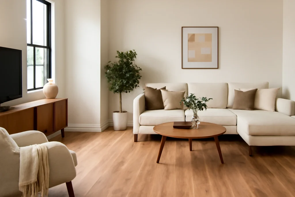 Piso Vinílico ou Laminado: Entenda a Diferenças para o Seu Ambiente 5 Sala de estar moderna com piso laminado em tom madeira.