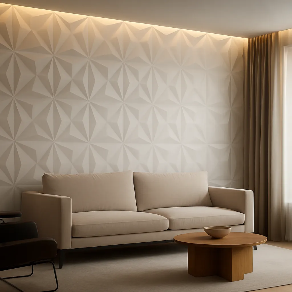 Parede de Sala com Porcelanato: Confira 5 Modelos Elegante e Sofisticado 6 Sala de estar moderna e sofisticada com parede revestida em porcelanato 3D geométrico branco, sofá bege elegante, mesa de centro de madeira e iluminação indireta.