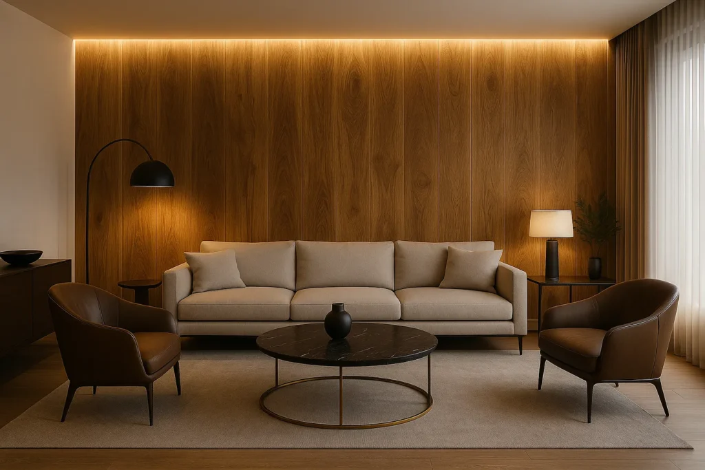 Parede de Sala com Porcelanato: Confira 5 Modelos Elegante e Sofisticado 3 Sala de estar moderna e sofisticada com parede revestida em porcelanato amadeirado natural, sofá bege elegante, poltronas de couro e iluminação indireta com LED.