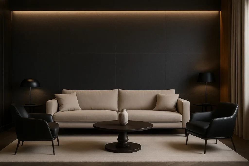Parede de Sala com Porcelanato: Confira 5 Modelos Elegante e Sofisticado 4 Sala de estar moderna e sofisticada com parede revestida em porcelanato preto natural, sofá bege elegante, poltronas pretas de design e iluminação indireta com LED.