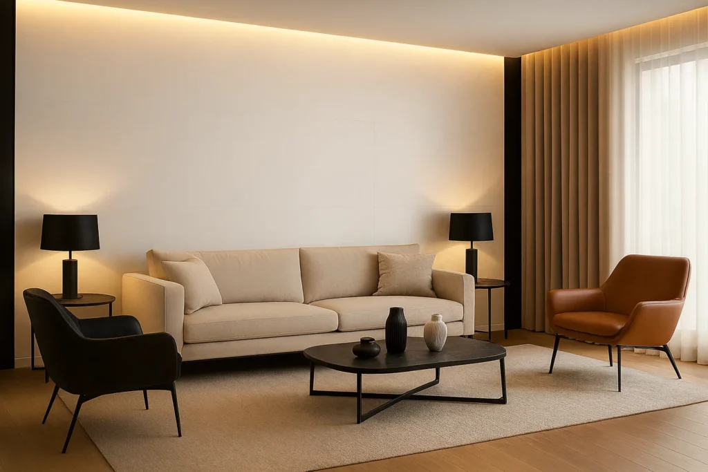 Parede de Sala com Porcelanato: Confira 5 Modelos Elegante e Sofisticado 5 Sala moderna e elegante com parede revestida em porcelanato branco.