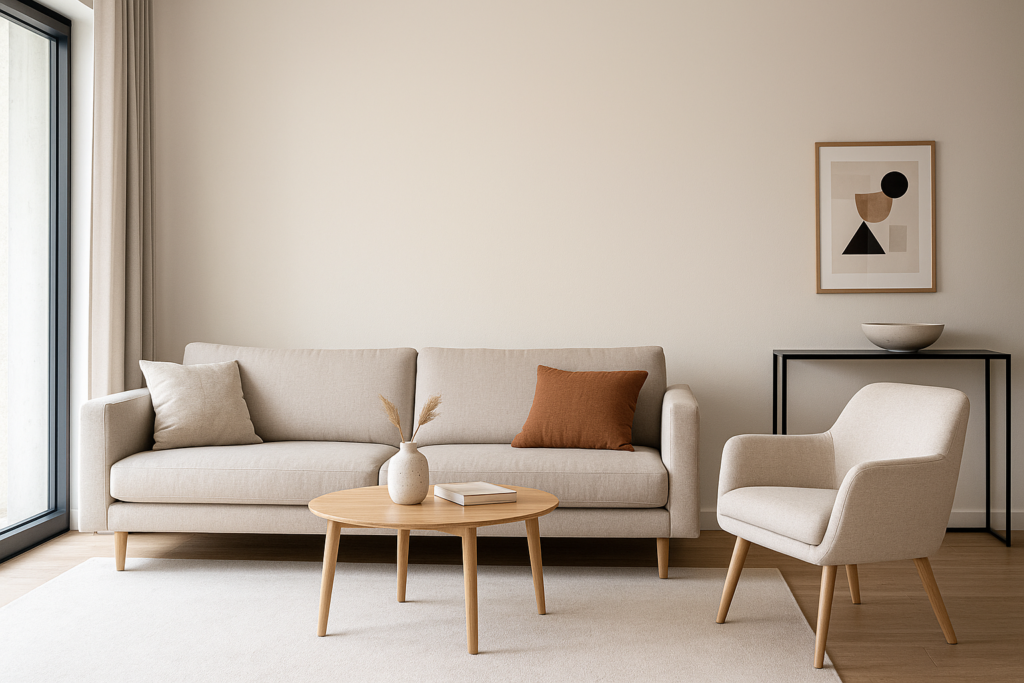 Tintas Suvinil: Confira as Principais Linhas e Funcionalidades em Cada Ambiente 2 Sala de estar moderna e elegante com paredes pintadas em Suvinil Toque de Seda, acabamento acetinado suave e sofisticado.
