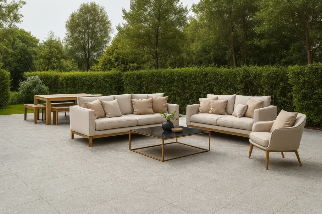 Biancogres: Porcelanatos de Qualidade e Sofisticação para Sua Obra 5 Área externa moderna com porcelanato Biancogres Cemento 60x60 Grigio AD4 Externo no piso, sofás claros com almofadas, mesa de centro sofisticada e móveis em madeira.