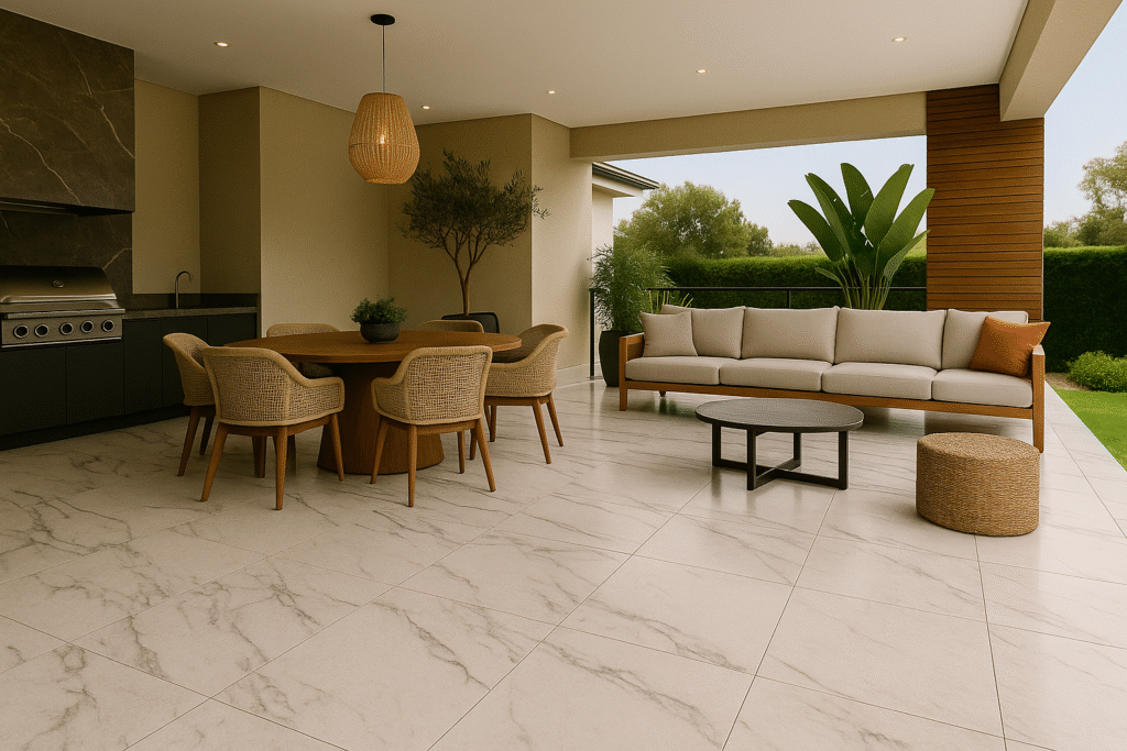 Ideias de Piso para Área Externa: Transforme seu Quintal com Estilo e Praticidade 5 Varanda gourmet moderna com porcelanato marmorizado, mesa de jantar com cadeiras de design, sofá elegante, bancada com churrasqueira e vasos com plantas tropicais, transmitindo luxo e naturalidade.