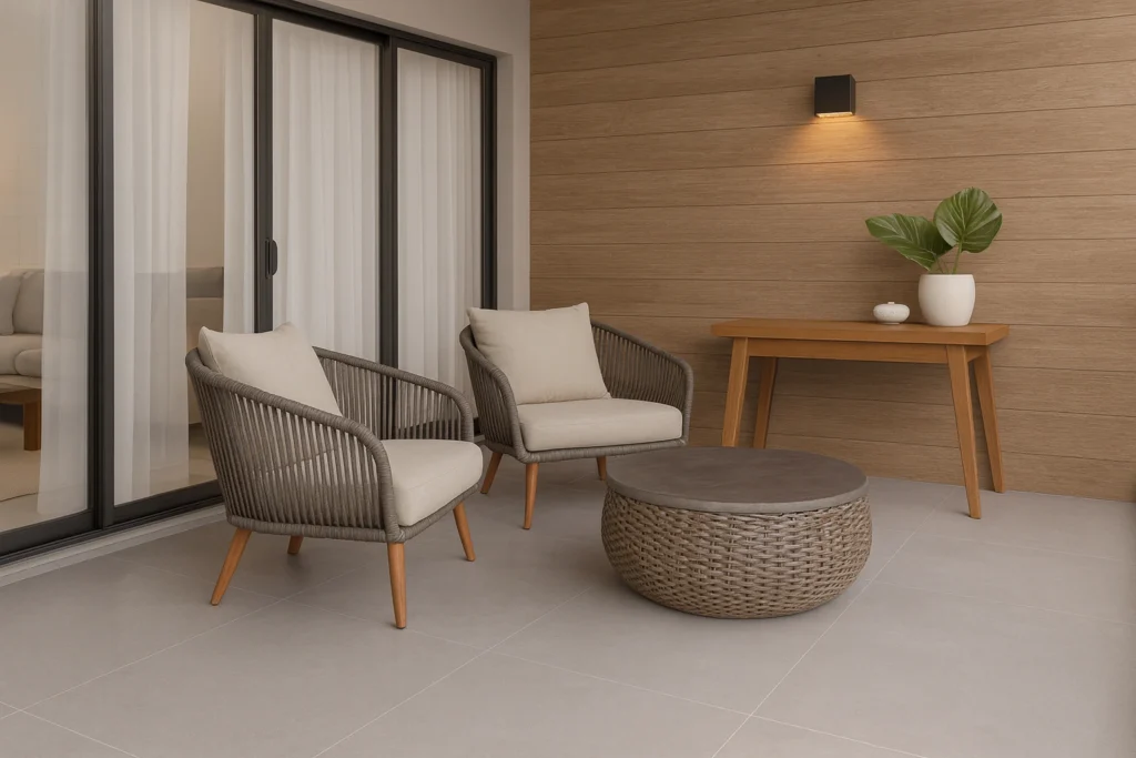 Porcelanato Cimentício: Como Escolher o Modelo para Cada Ambiente 5 Varanda moderna com piso em porcelanato Cimento Cinza Acetinado 60x60 Eliane, móveis de fibra e mesa de centro rústica.