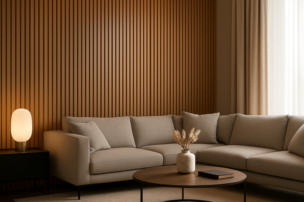 Sala de estar moderna com parede em painel ripado autocolante, sofá bege e decoração elegante com iluminação natural e objetos minimalistas.