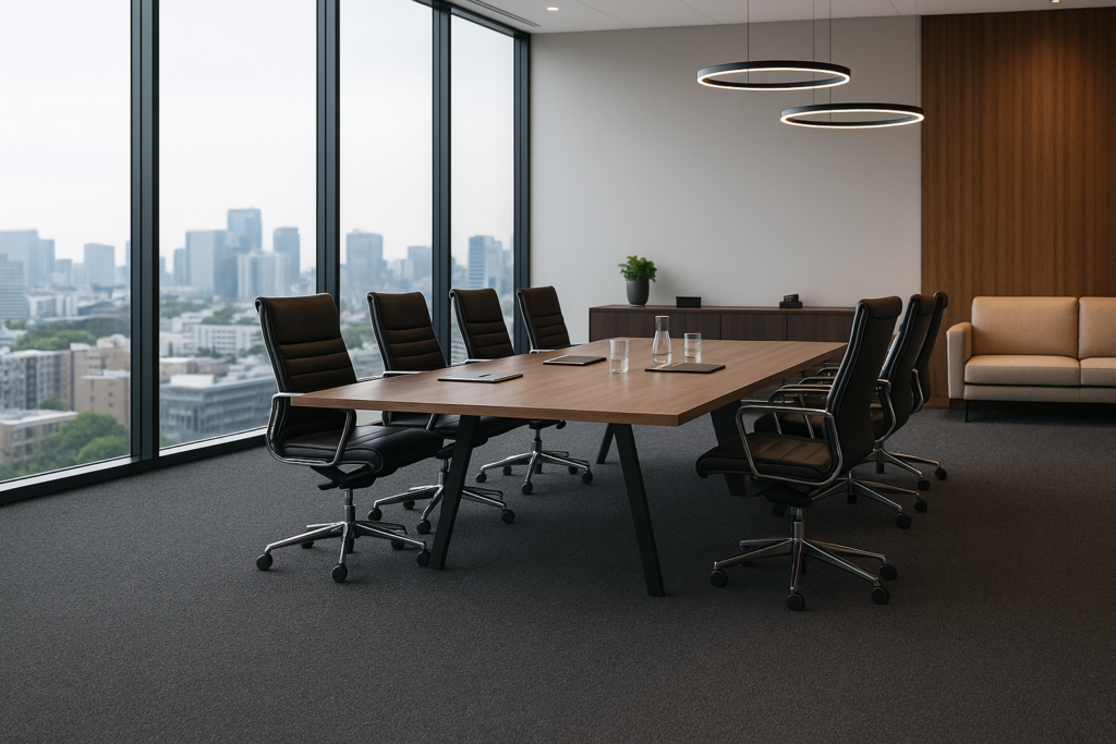 Carpete Belgotex: Modelos, Inspirações e Como escolher o ideal 8 Sala executiva com mesa de madeira, cadeiras ergonômicas e carpete Belgotex Berber Point 920 Onix 776 no piso.