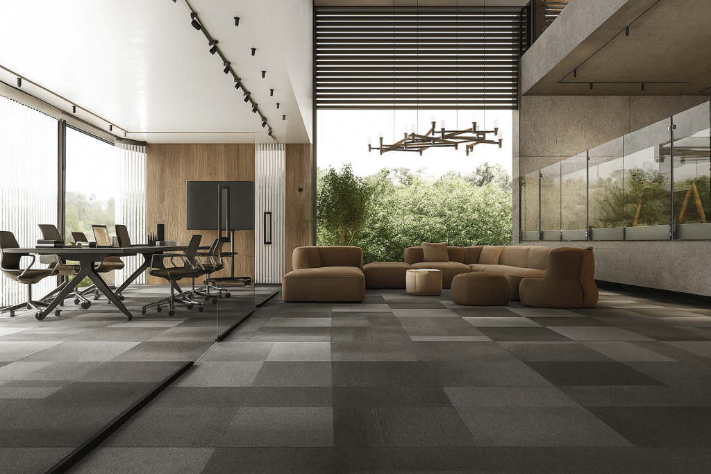 Carpete Belgotex: Modelos, Inspirações e Como escolher o ideal 9 Escritório amplo com sala de reunião e lounge integrados, decorado com carpete modular Belgotex Metrópolis cinza.