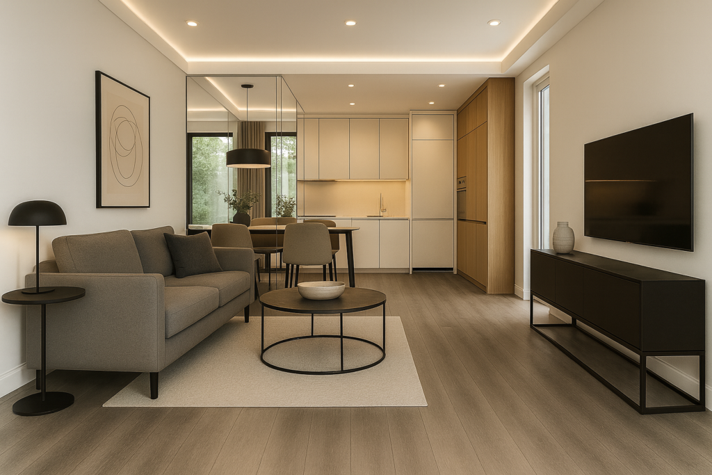 Piso Vinílico Cinza: 10 Ideias Sofisticadas Para Sua Casa 10 Apartamento pequeno e sofisticado com piso vinílico cinza, móveis minimalistas, iluminação em LED e espelhos que ampliam o espaço.