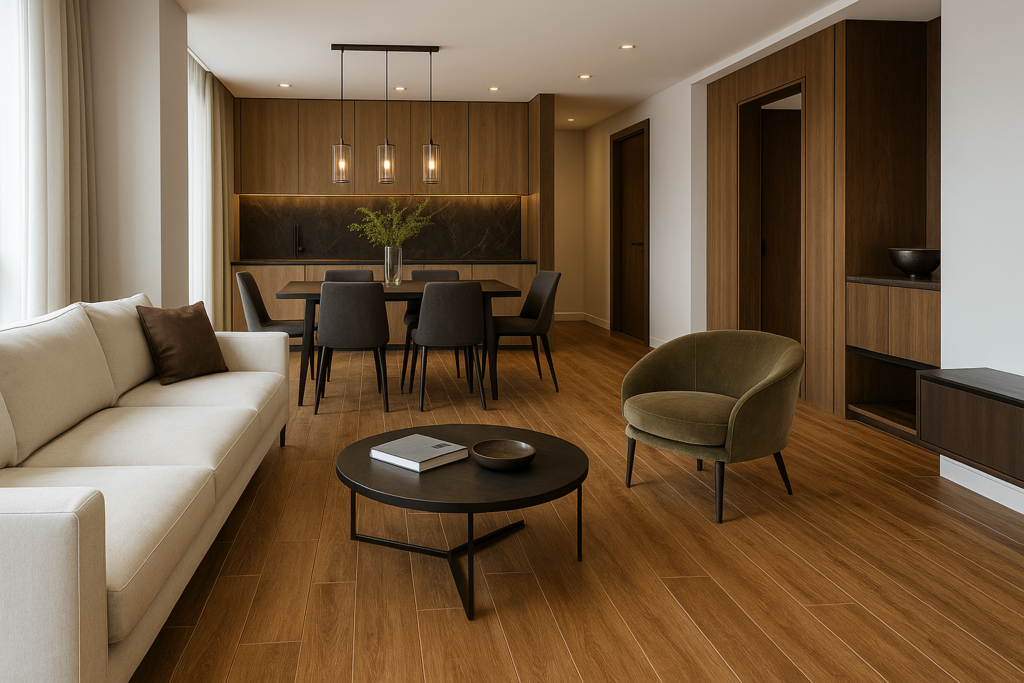 Porcelanato em Apartamento Pequeno: Inspire-se com Ideias Modernas e Práticas 2 Ambiente de apartamento moderno e elegante com piso de porcelanato amadeirado, sala integrada à cozinha, móveis sofisticados e iluminação aconchegante.