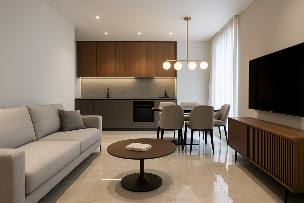 Porcelanato em Apartamento Pequeno: Inspire-se com Ideias Modernas e Práticas 1 Apartamento pequeno moderno com piso de porcelanato polido e acetinado, sala integrada à cozinha e móveis elegantes organizados de forma funcional.