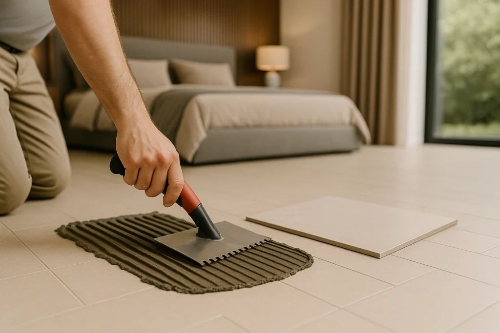 Argamassa AC1 para que serve: tipos, aplicações e dicas para a sua obra 2 Mão aplicando argamassa com desempenadeira em piso cerâmico de quarto moderno, durante processo de assentamento.