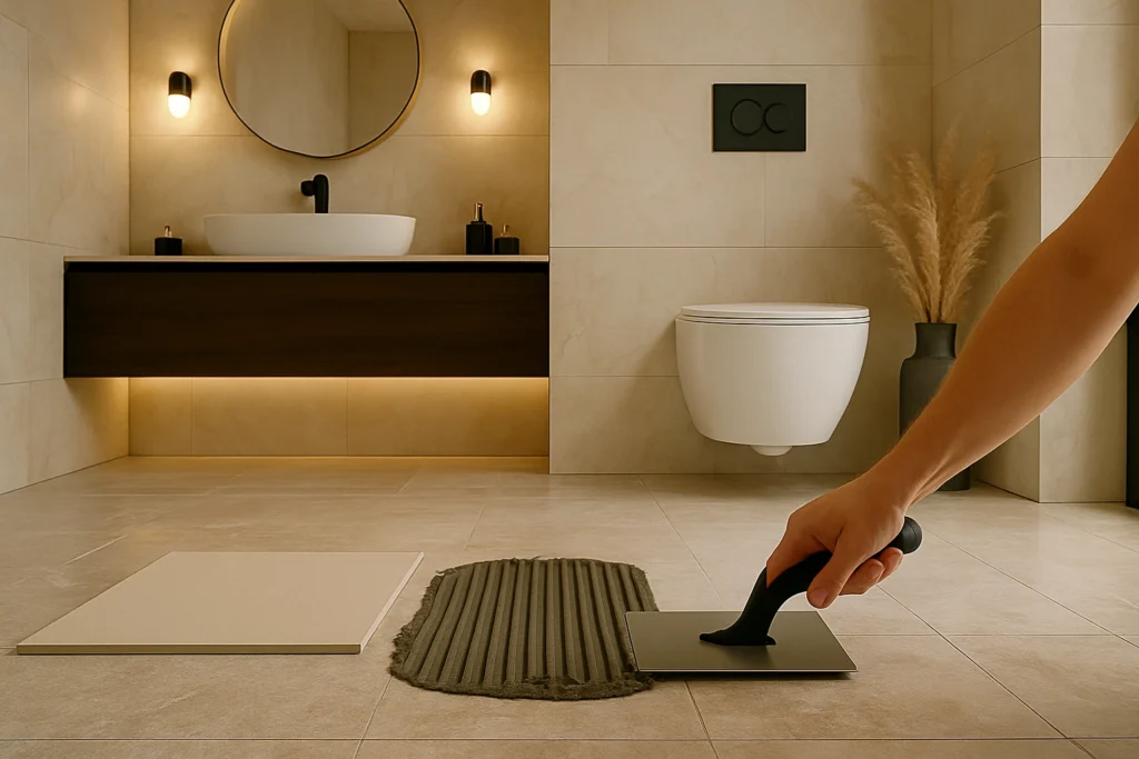 Argamassa AC1 para que serve: tipos, aplicações e dicas para a sua obra 4 Mão aplicando argamassa no piso para assentamento de cerâmica em banheiro sofisticado com bancada suspensa, iluminação LED e vaso sanitário.