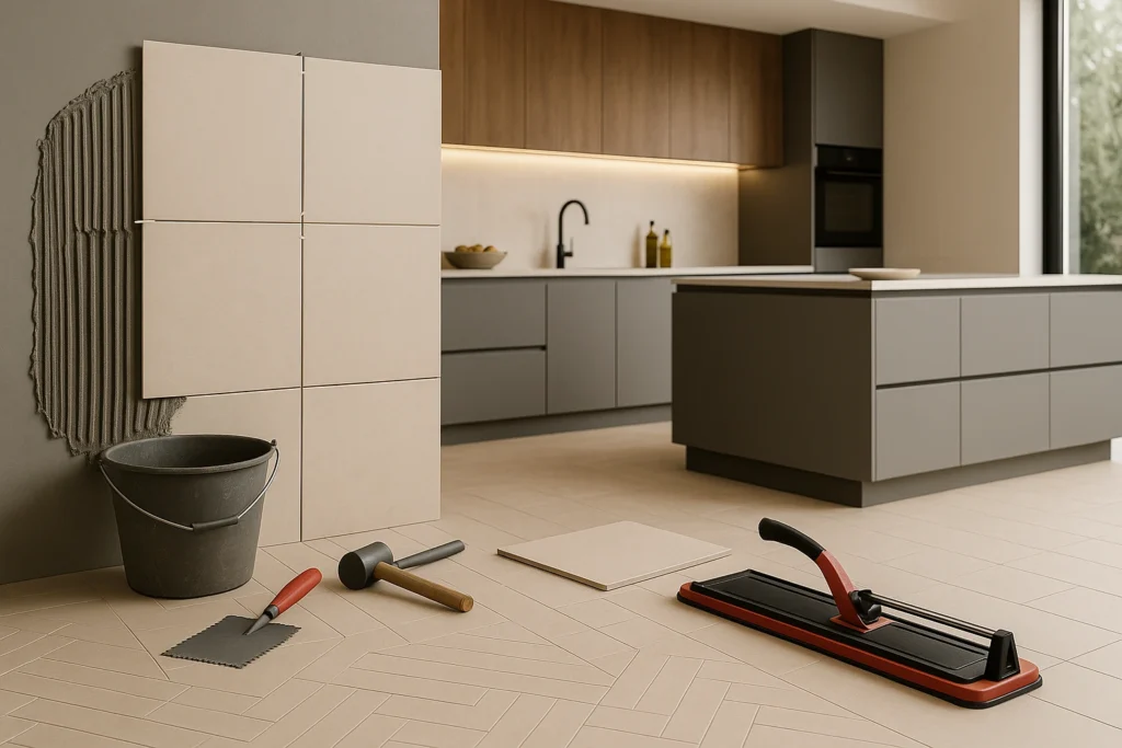 Argamassa AC1 para que serve: tipos, aplicações e dicas para a sua obra 3 Instalação de revestimento cerâmico com argamassa AC1 em cozinha moderna com ilha central e armários planejados.