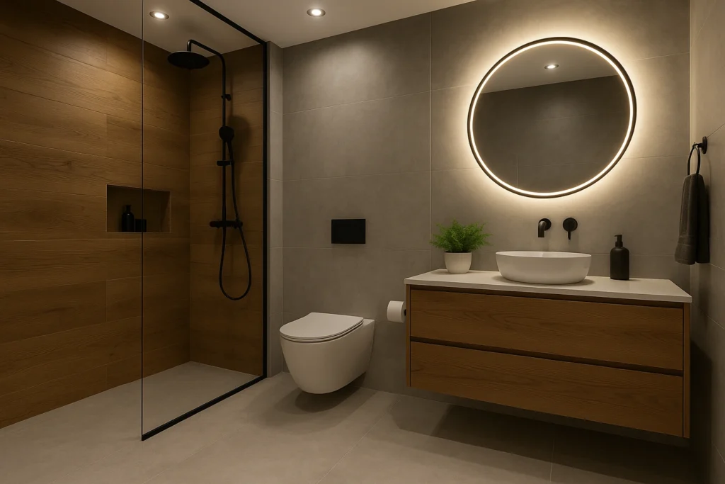 Banheiro com Piso Cimento queimado: Modernidade e Estilo atemporal 7 Banheiro moderno e elegante com revestimento amadeirado, parede em cimento queimado, box de vidro, bancada suspensa de madeira com cuba branca e espelho redondo com iluminação em LED.