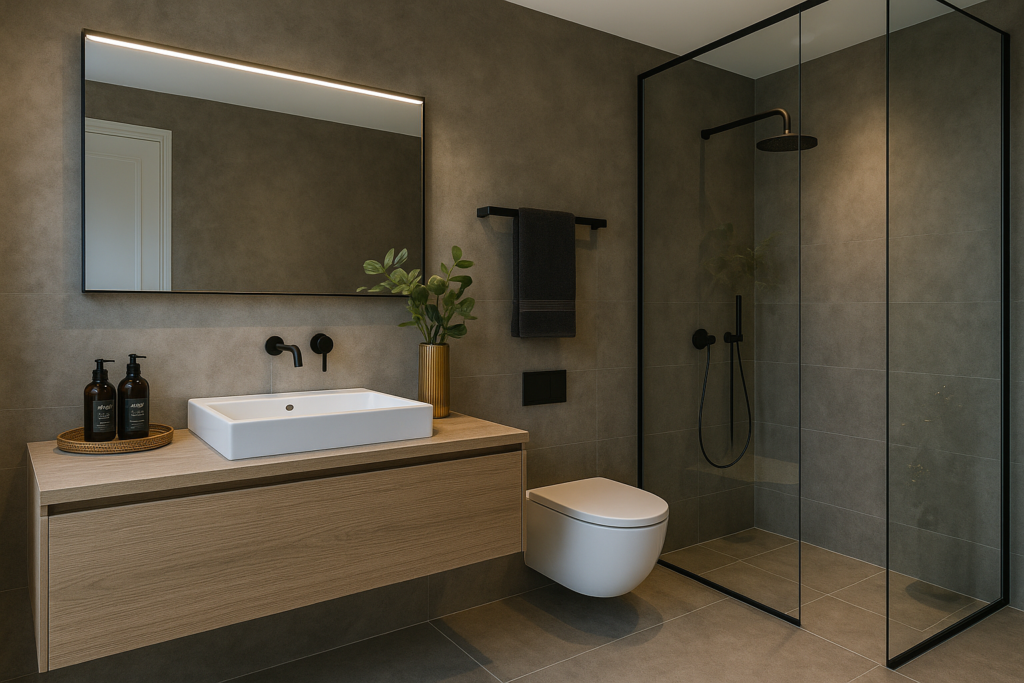 Banheiro com Piso Cimento queimado: Modernidade e Estilo atemporal 2 Banheiro moderno com revestimento em porcelanato cimento queimado, cuba esculpida, metais pretos e decoração sofisticada com plantas e iluminação em LED.