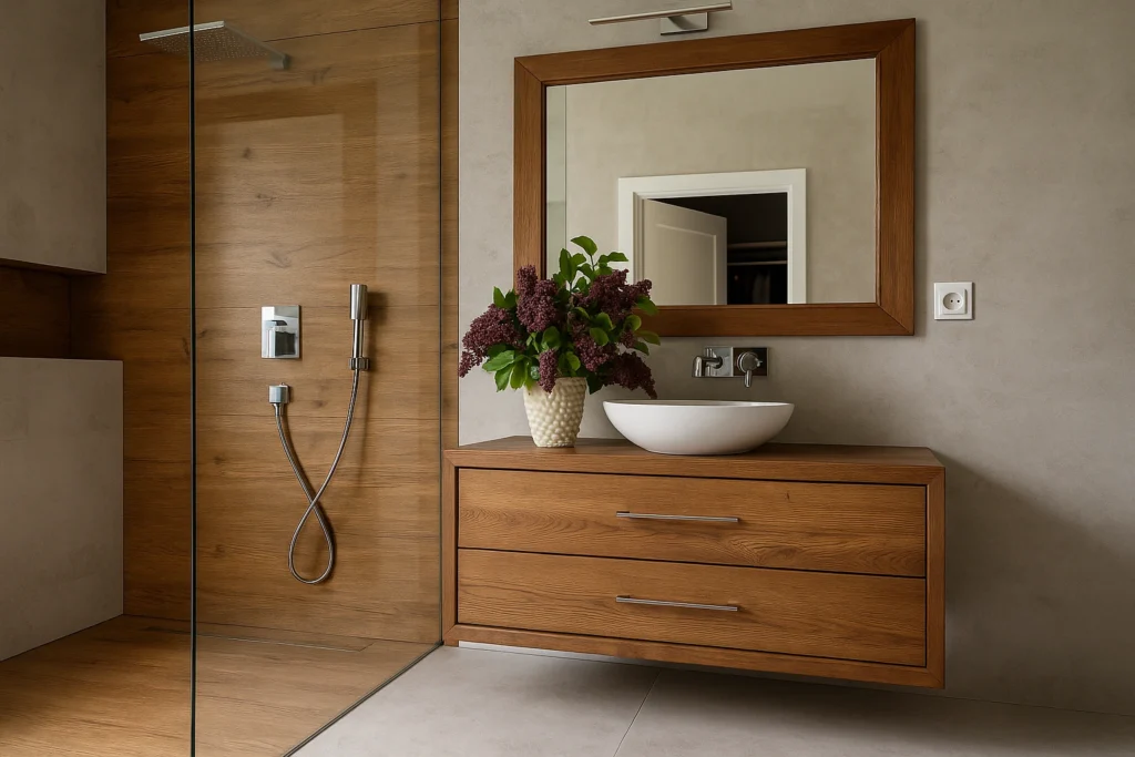 Banheiro com Piso Cimento queimado: Modernidade e Estilo atemporal 3 Banheiro moderno e elegante com box de vidro, parede em madeira, bancada suspensa de madeira com cuba branca e espelho grande em moldura de madeira.