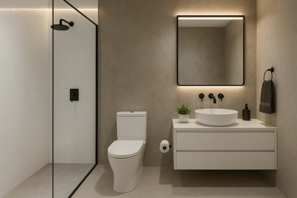 Banheiro com Piso Cimento queimado: Modernidade e Estilo atemporal 5 Banheiro moderno elegante com piso em cimento queimado, parede branca revestida e parede em cimento queimado, box de vidro, bancada suspensa branca e espelho iluminado.