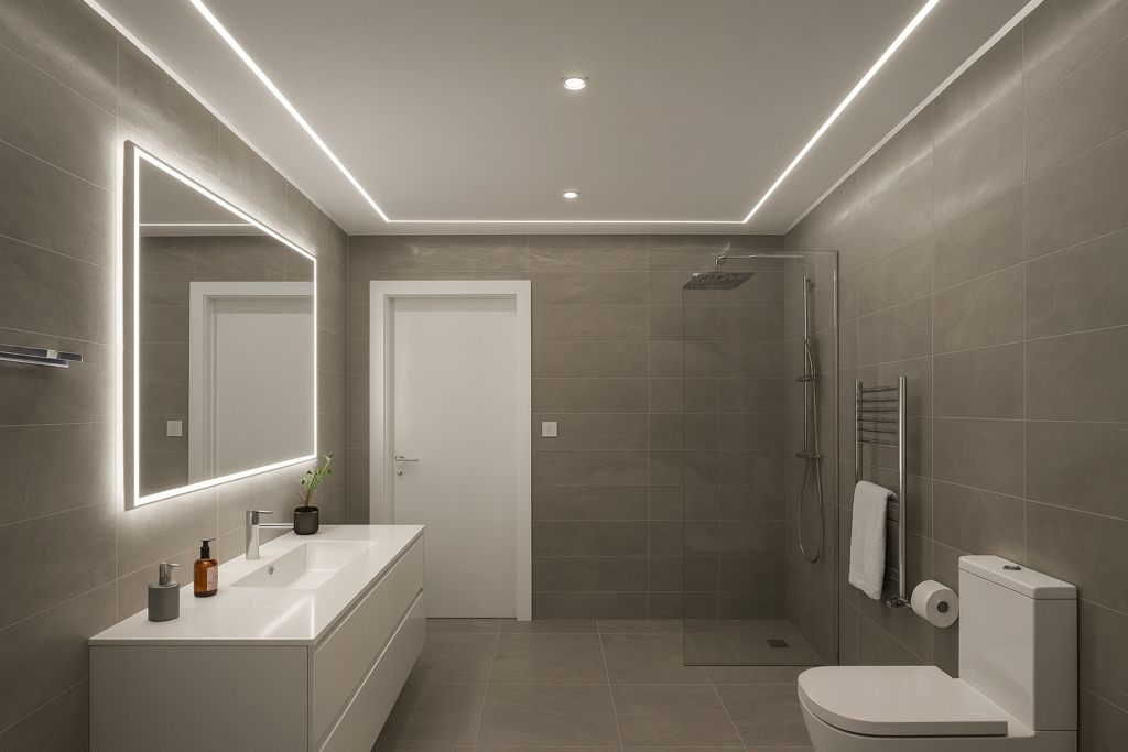 Banheiro sofisticado com revestimento cinza, gesso no teto com iluminação em LED, espelho iluminado, box de vidro e bancada branca com design minimalista.