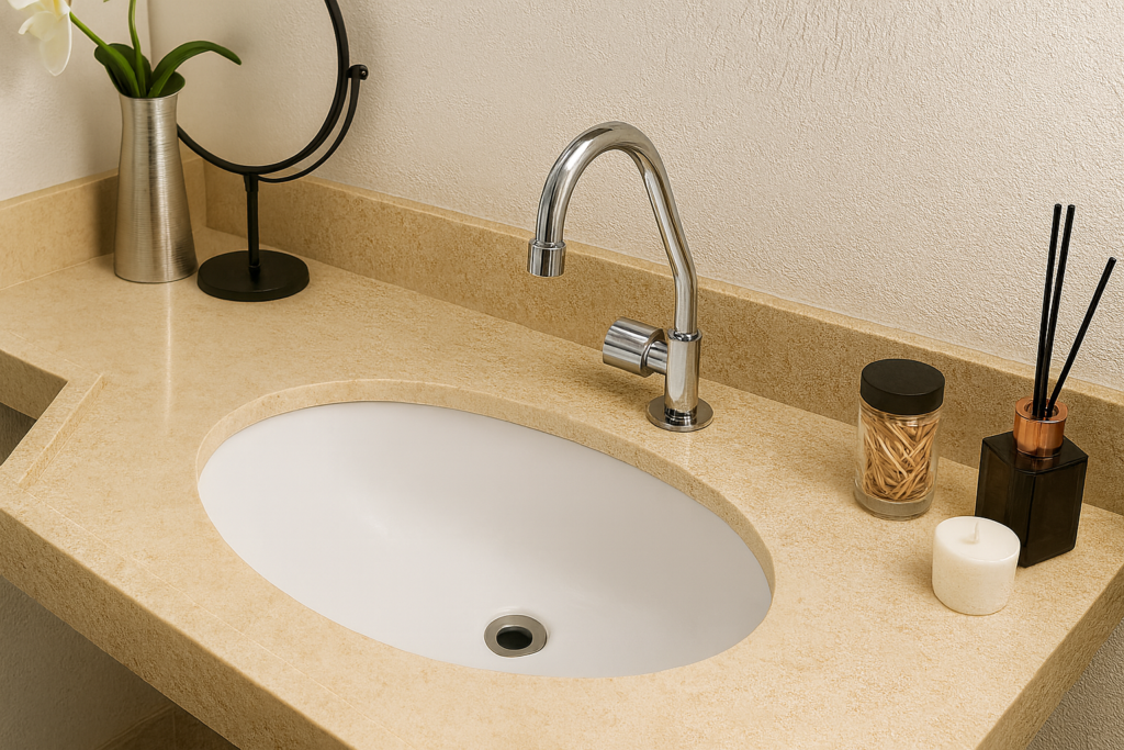Cubas de Embutir para Banheiro: 5 modelos para inspirar seu projeto 2 Cuba de embutir oval em bancada bege de pedra, com torneira cromada e decoração moderna composta por vaso metálico com flor, espelho de apoio, vela aromática e difusor de aromas.