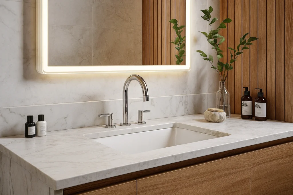 Cubas de Embutir para Banheiro: 5 modelos para inspirar seu projeto 5 Banheiro moderno com cuba de embutir retangular branca, bancada em mármore claro, torneira cromada e espelho iluminado por LED, com detalhes em madeira e decoração sofisticada.