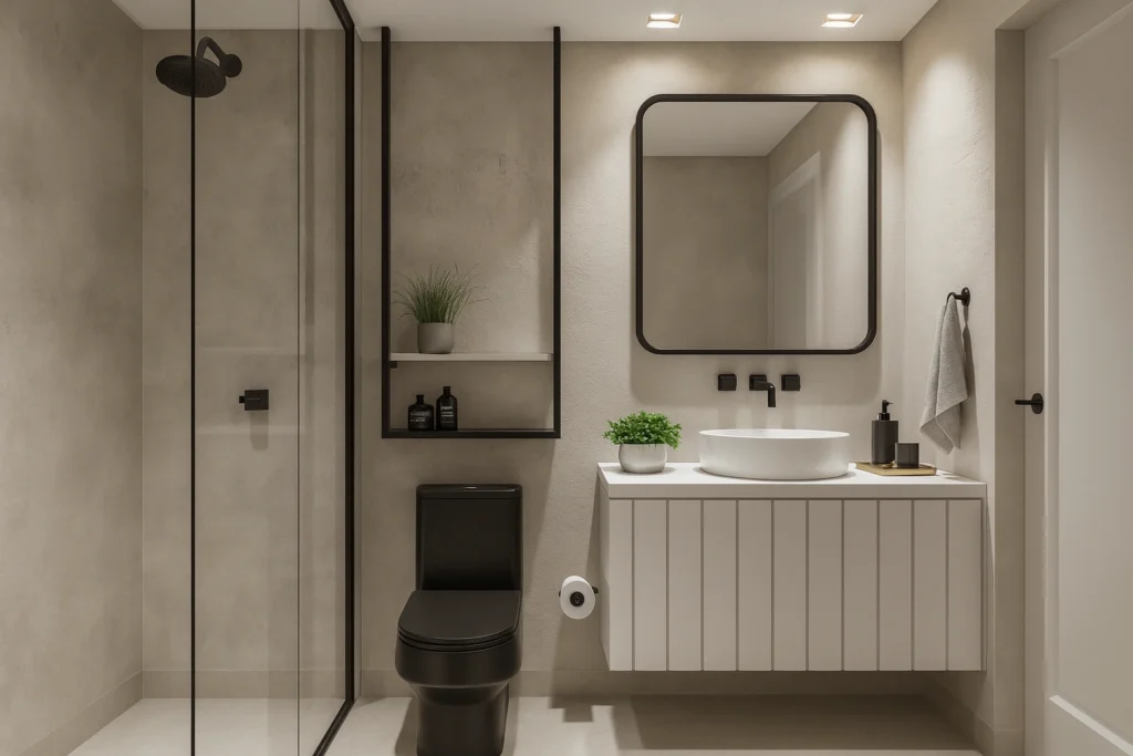 Banheiro com Piso Cimento queimado: Modernidade e Estilo atemporal 4 Banheiro moderno e elegante com piso cimento queimado, paredes claras, box de vidro, vaso sanitário preto e bancada branca suspensa com cuba redonda.