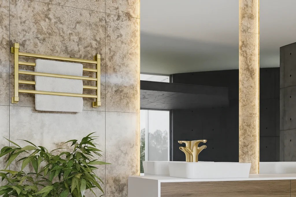 Banheiro moderno com toalheiro térmico dourado, toalha branca e torneira de design elegante sobre cuba branca.
