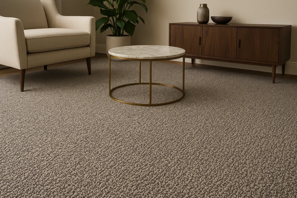 Sala sofisticada com carpete de nylon bege, poltrona elegante, mesa de centro em mármore e aparador de madeira