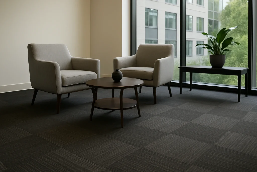 Sala de espera sofisticada com carpete em placas cinza, poltronas modernas e mesa de centro de madeira.