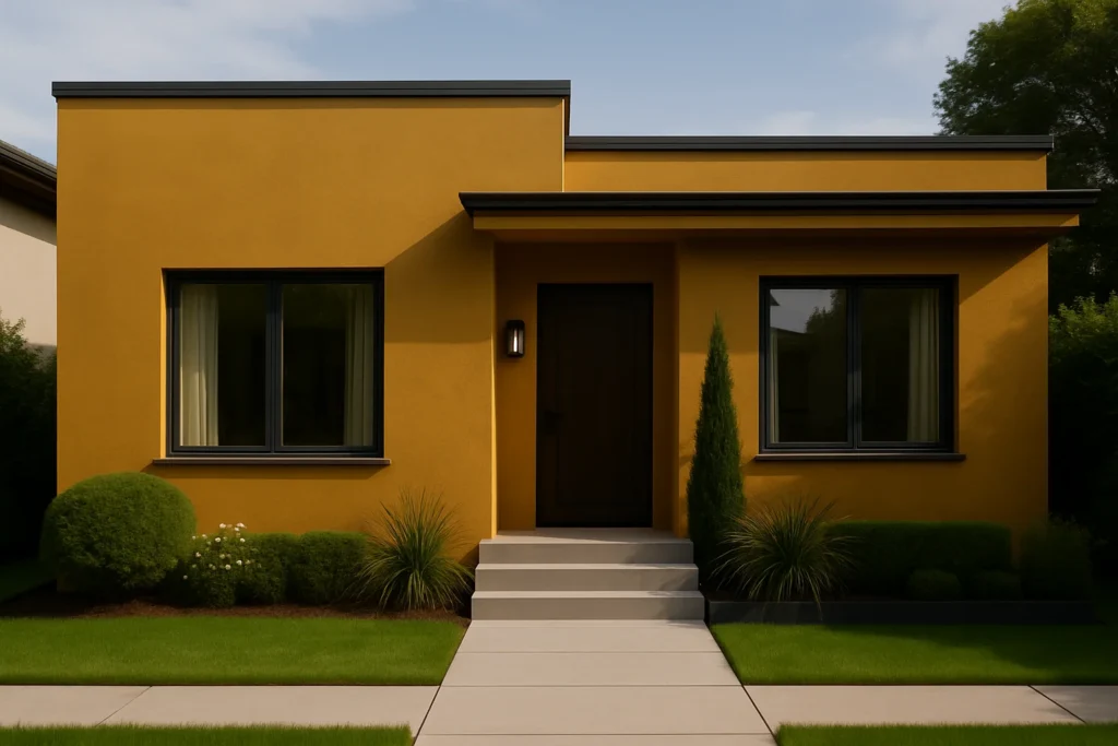 Pintura de Casa Externa: Cores e Estilos em alta 4 Casa sofisticada com fachada em amarelo mostarda escuro, janelas amplas de vidro, porta de madeira imponente e paisagismo minimalista em gramado verde.
