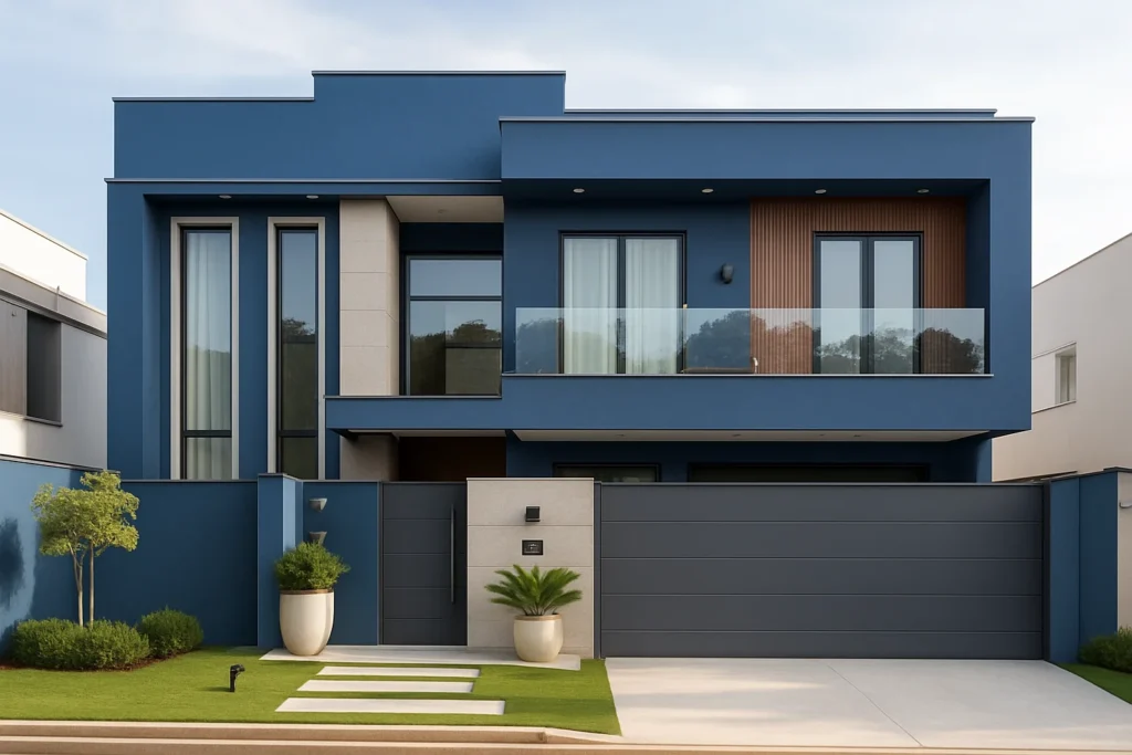 Pintura de Casa Externa: Cores e Estilos em alta 7 Fachada de casa moderna em cor azul, com linhas retas, varanda de vidro e paisagismo elegante.
