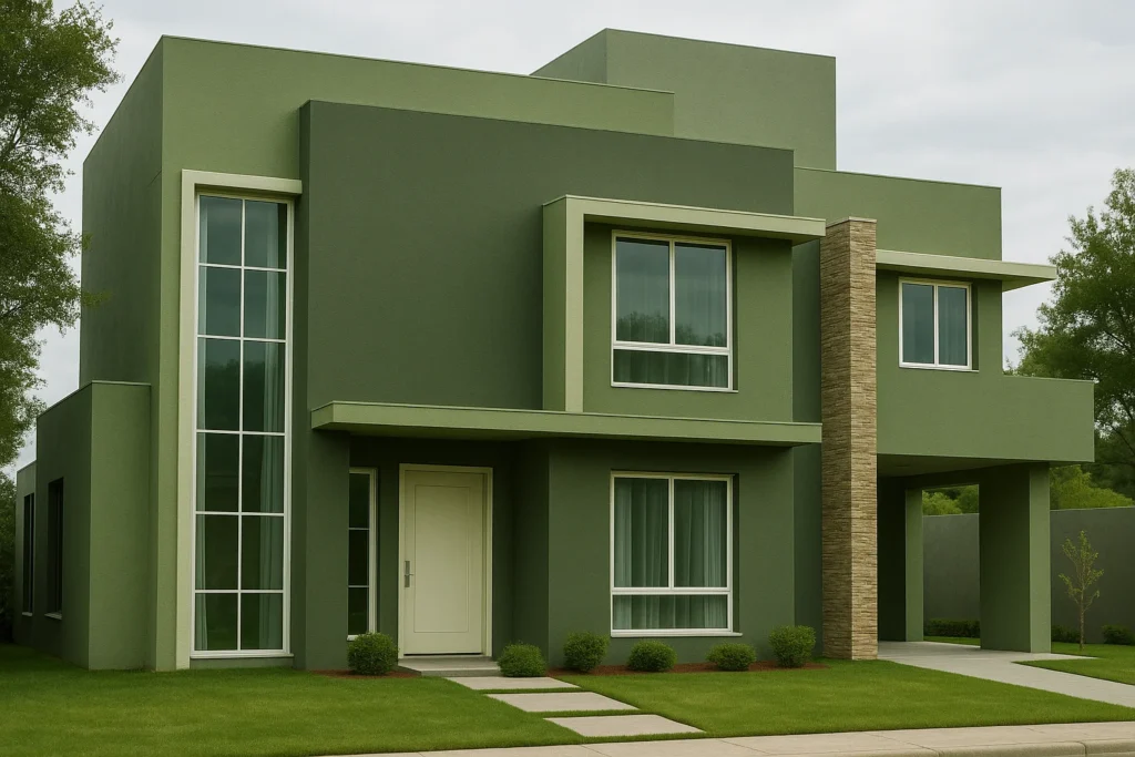 Pintura de Casa Externa: Cores e Estilos em alta 6 Pintura externa de Casa moderna de dois andares em verde elegante, janelas amplas e detalhes em pedra natural.
