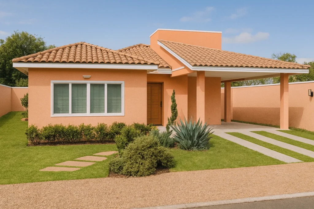 Pintura de Casa Externa: Cores e Estilos em alta 5 Casa térrea com pintura externa salmão, telhado cerâmico e jardim moderno.