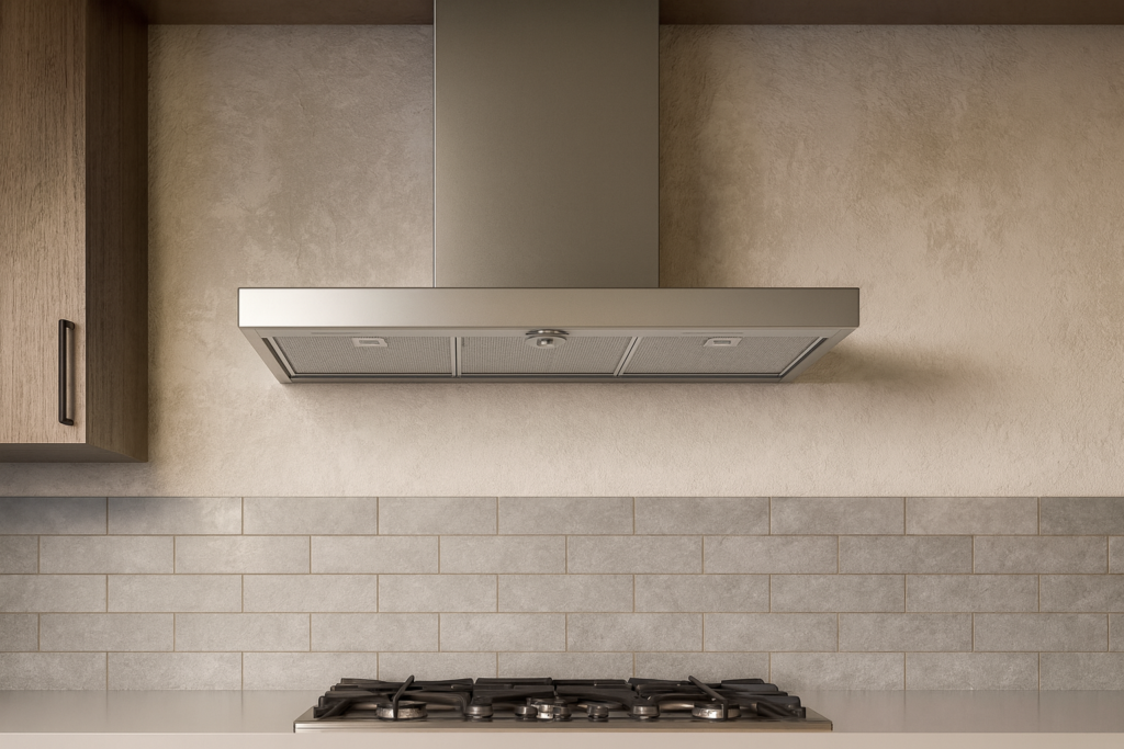Coifa Tramontina Incasso Plus 90 cm em aço inox instalada em cozinha moderna com fogão cooktop e revestimento elegante.