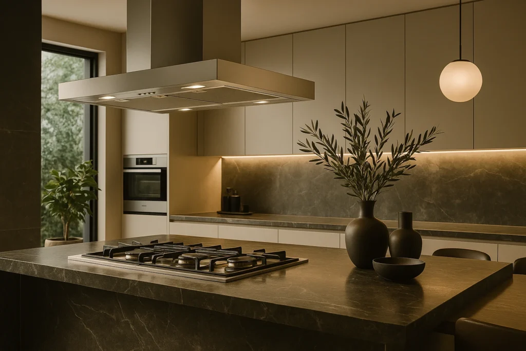 Cozinha gourmet moderna e elegante com coifa Tramontina em aço inox, integrada ao ambiente planejado.