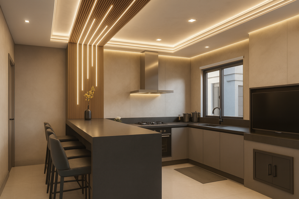 Cozinha contemporânea com gesso no teto e iluminação em perfil de LED, bancada em tom escuro, cadeiras altas e painel ripado em madeira sofisticado.