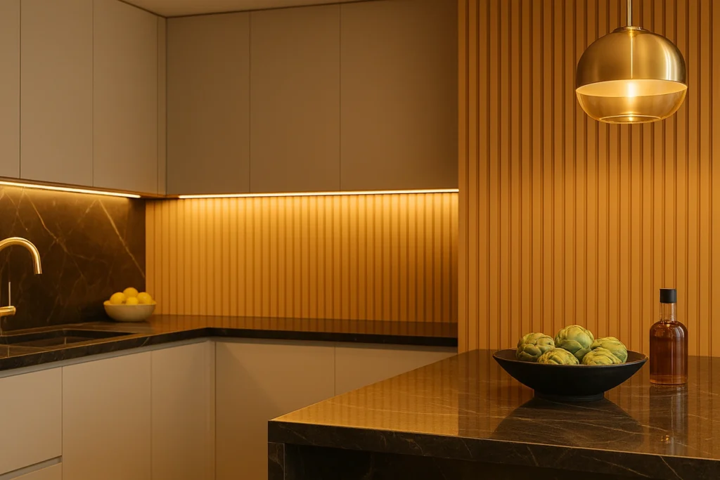 Cozinha moderna com painel ripado autocolante iluminado, armários premium, bancada em mármore e detalhes de luxo.