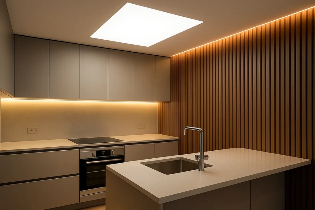 Cozinha sofisticada com painel ripado de madeira, iluminação LED no teto e bancada em tons neutros.