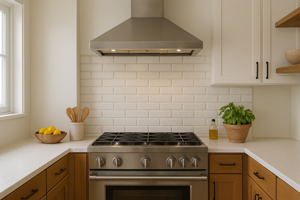 Cozinha moderna em tons claros com parede de tijolinho branco atrás do fogão, armários em madeira e detalhes elegantes.