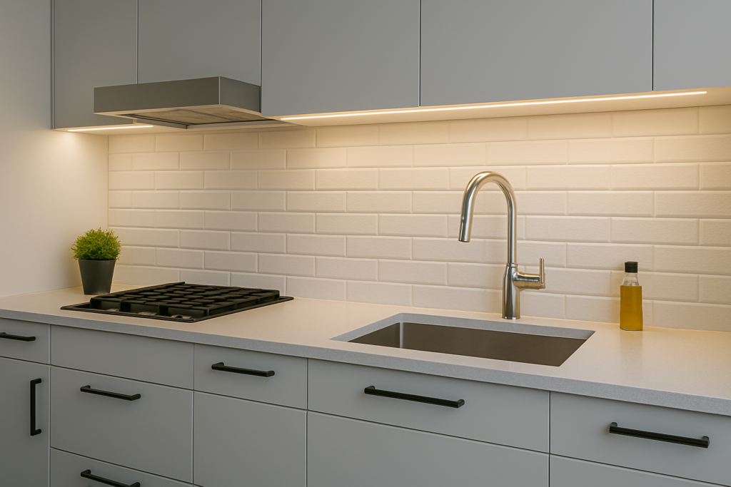 Cozinha contemporânea com revestimento em tijolinho branco, armários minimalistas cinza, bancada clara e iluminação LED sob os armários superiores.