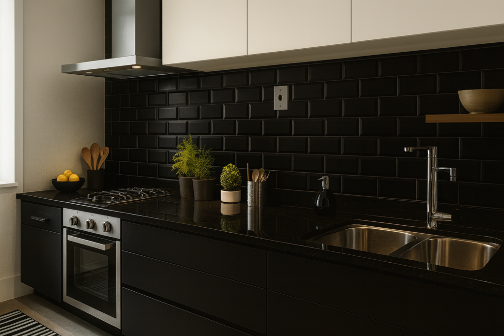 Revestimento de tijolinho na cozinha em tons escuros com bancada elegante e design sofisticado.