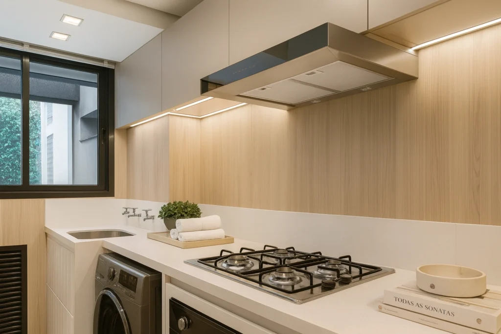 Cozinha moderna planejada com coifa de embutir em inox, fogão cooktop e bancada branca com detalhes em madeira clara.
