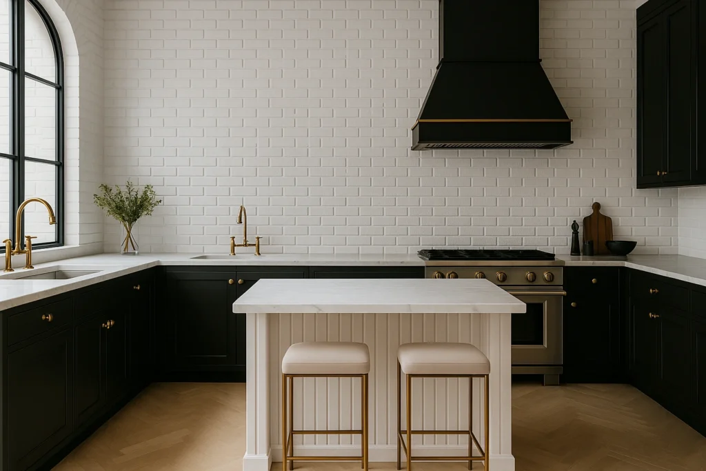 Cozinha elegante em estilo moderno com paredes de tijolinho branco, armários escuros, ilha central e detalhes em dourado.
