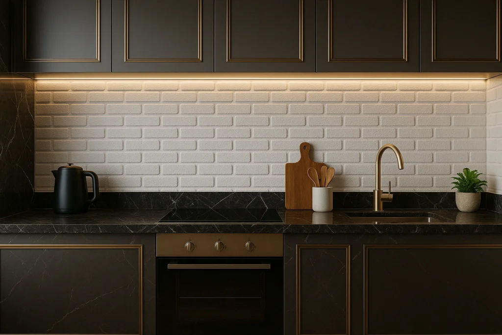 Cozinha moderna e elegante com revestimento em tijolinho branco, bancadas em tom escuro de mármore e detalhes em dourado, trazendo sofisticação e luxo ao ambiente.