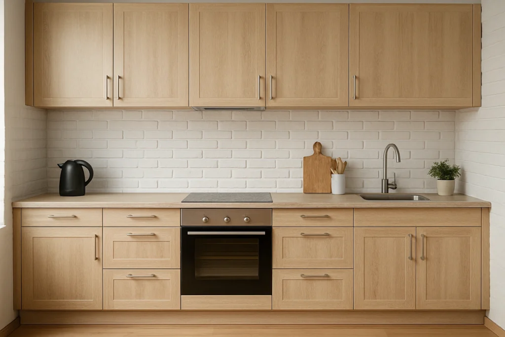 Cozinha com tijolinho branco, armários de madeira clara e piso combinando, estilo moderno e realista.