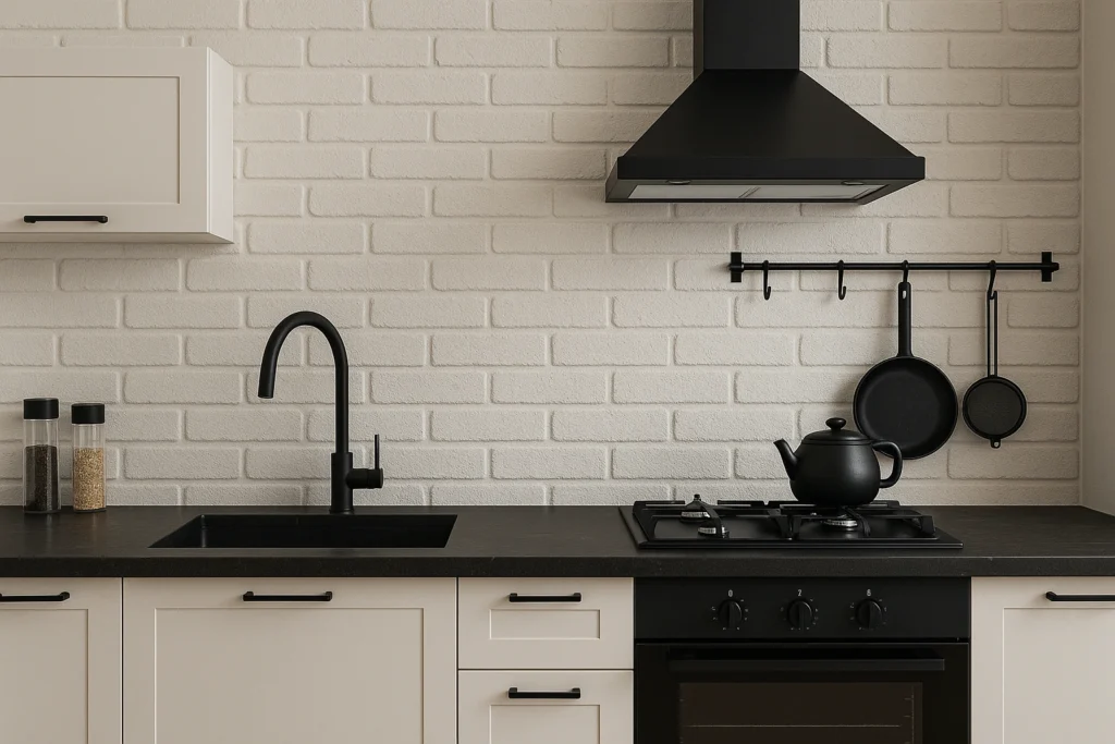 Cozinha com revestimento em tijolinho branco sofisticada, bancada escura e metais pretos, como torneira, puxadores e coifa, criando um contraste elegante e moderno.