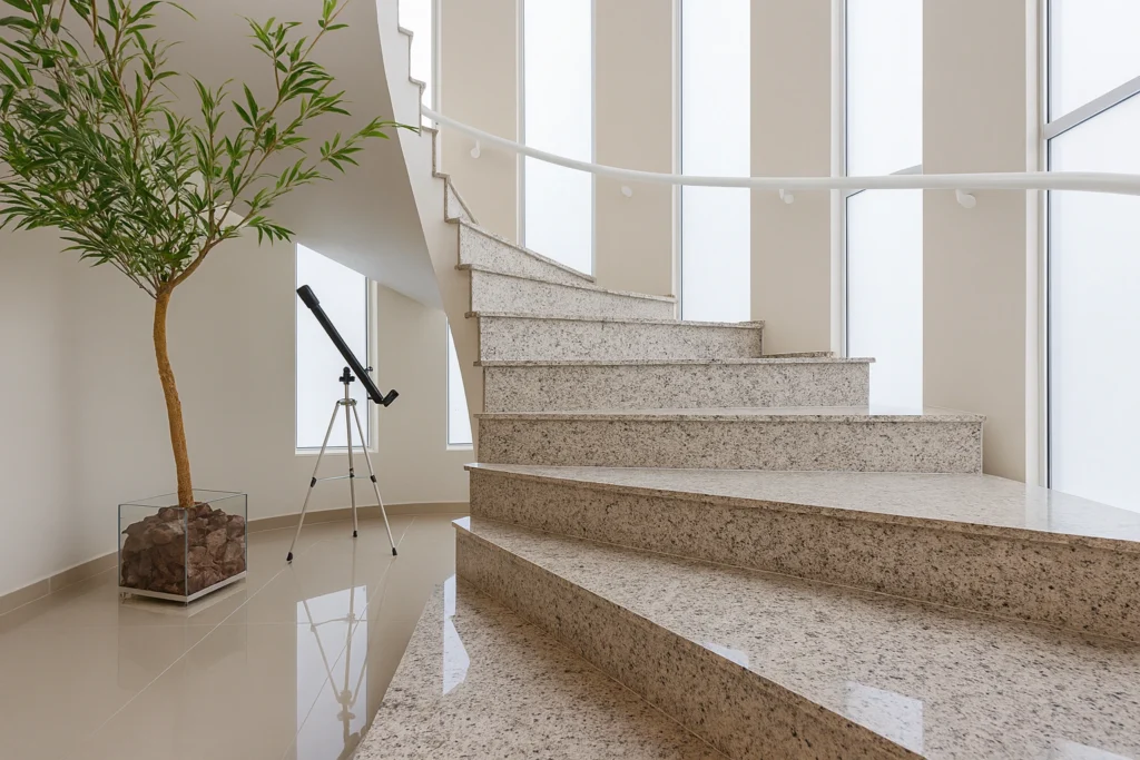 Piso para Escada: Guia Completo para Áreas Internas e Externas 5 Escada curva revestida em granito polido claro, com guarda-corpo minimalista branco, iluminação natural através de grandes janelas e decoração com planta em vaso de vidro.