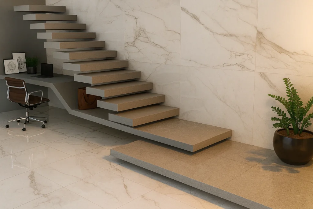 Piso para Escada: Guia Completo para Áreas Internas e Externas 2 Escada flutuante em porcelanato bege com degraus largos, parede em acabamento marmorizado, piso polido e decoração minimalista com planta em vaso.