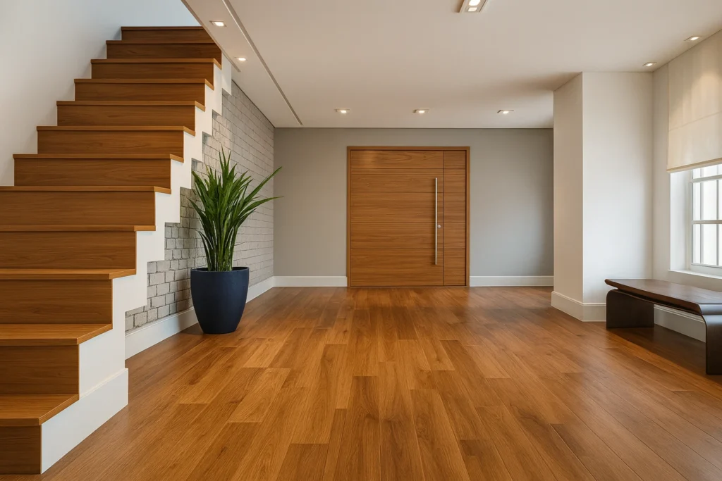 Piso para Escada: Guia Completo para Áreas Internas e Externas 4 Escada moderna revestida em piso laminado amadeirado, integrada a um ambiente sofisticado com parede de tijolos aparentes, porta de madeira e iluminação natural.