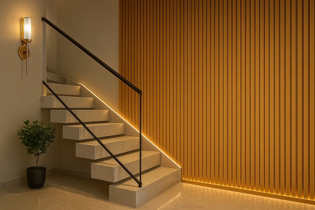 Escada moderna e elegante com painel ripado autocolante iluminado, degraus em mármore e planta decorativa no canto.
